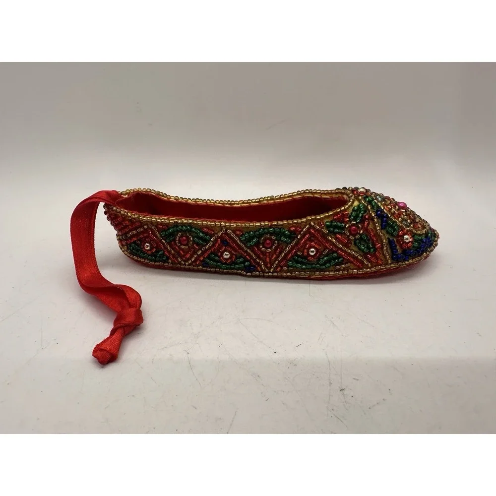 Vintage Beaded Slipper Ornament Red Satin Christmas Shoe 5